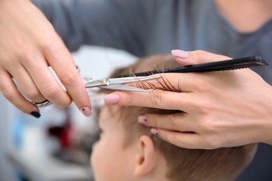 Photo of Professional female hairdresser working with little boy in salon