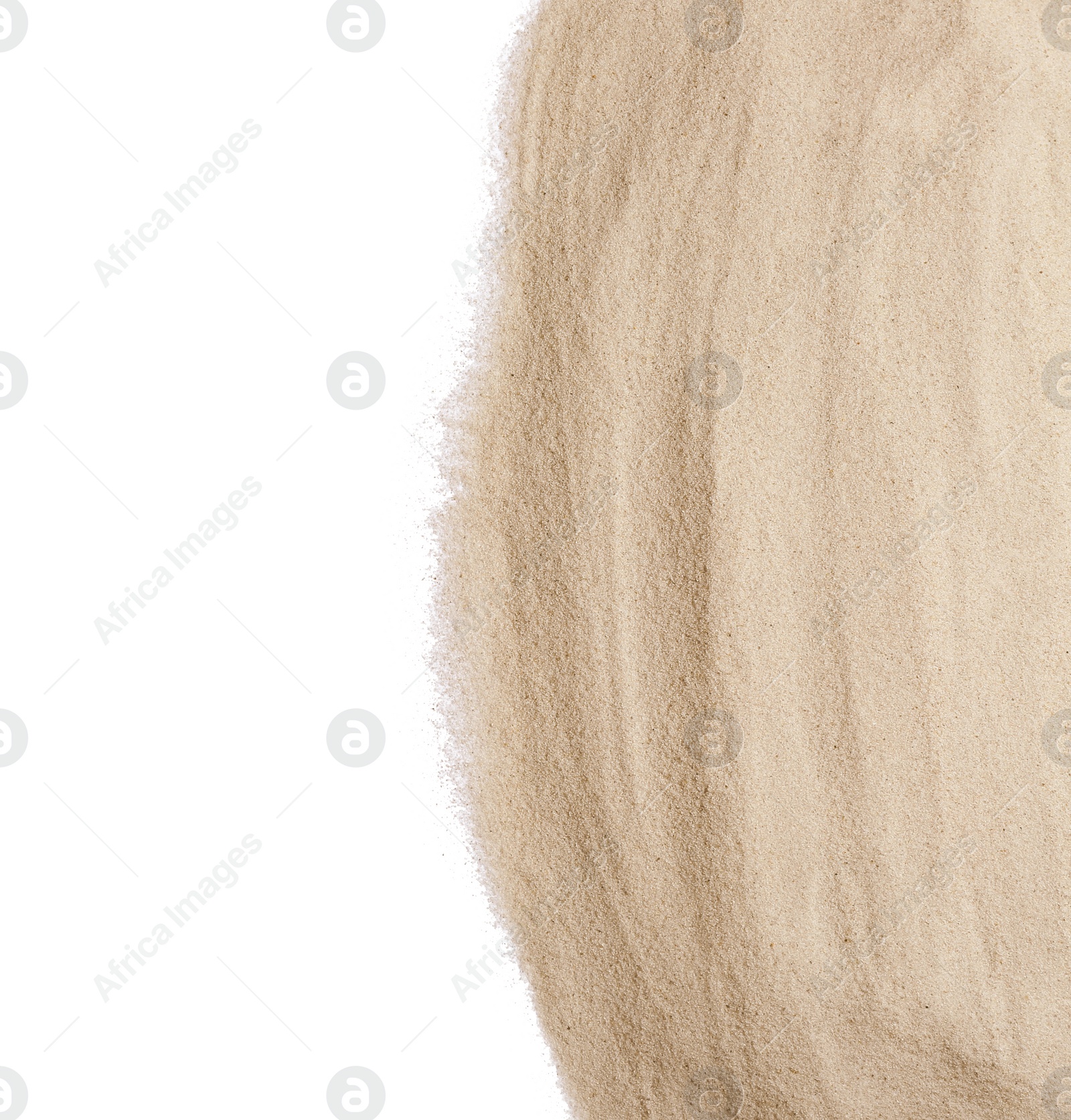 Photo of Dry beach sand on white background, top view. Space for text