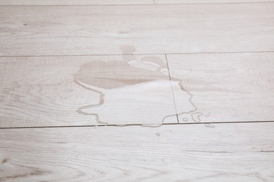 Photo of Puddle of water on wooden floor, closeup
