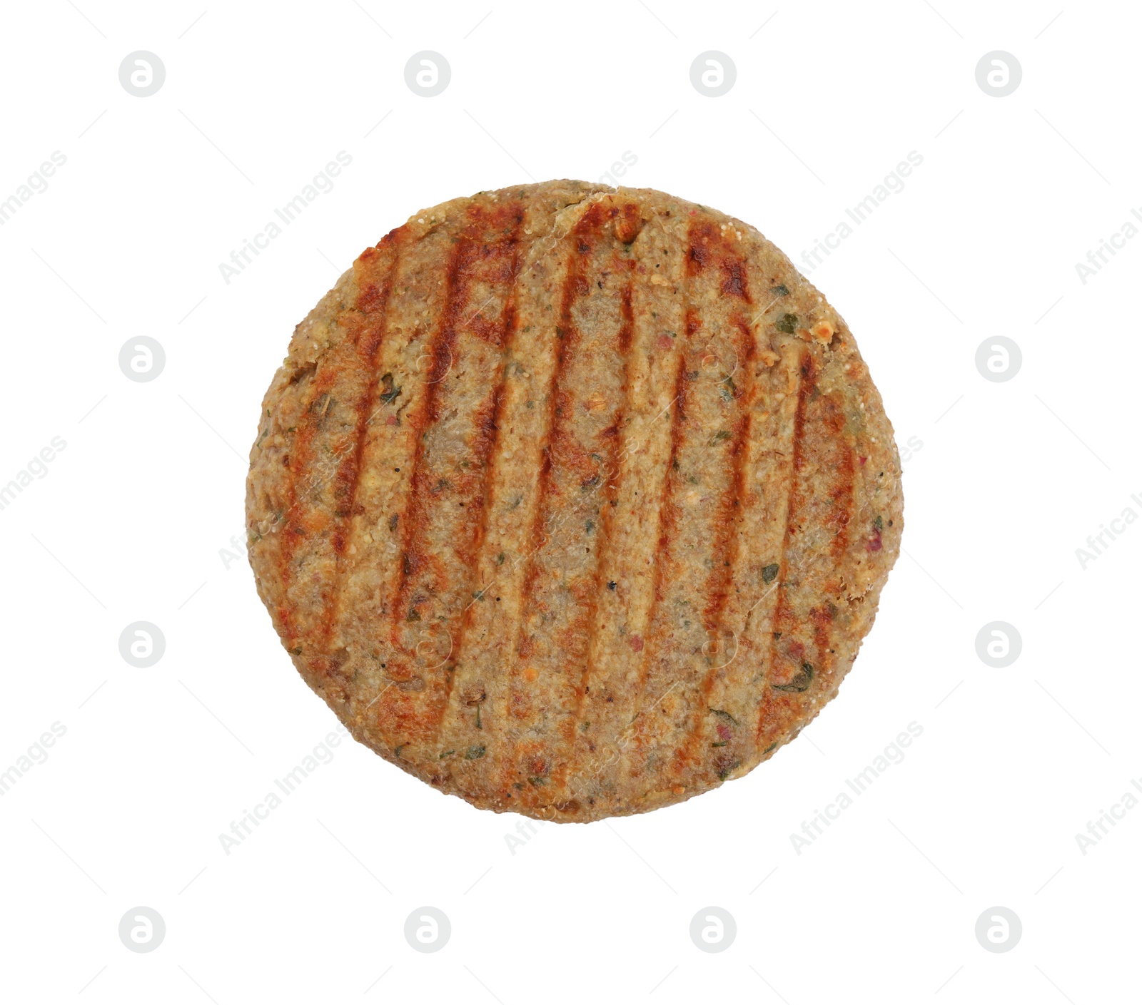 Photo of Tasty grilled vegan cutlet isolated on white, top view