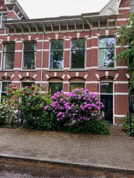 Photo of Modern residential building with beautiful blooming flowers on city street