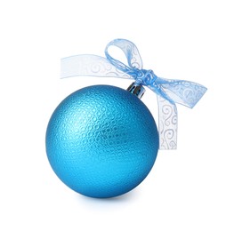 Photo of Beautiful light blue Christmas ball with bow isolated on white