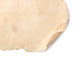 Sheet of old parchment paper on white background, top view. Space for text