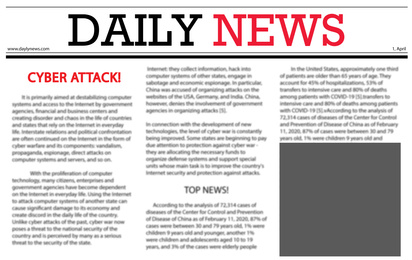 Illustration of Closeup view of newspaper with headline CYBER ATTACK!