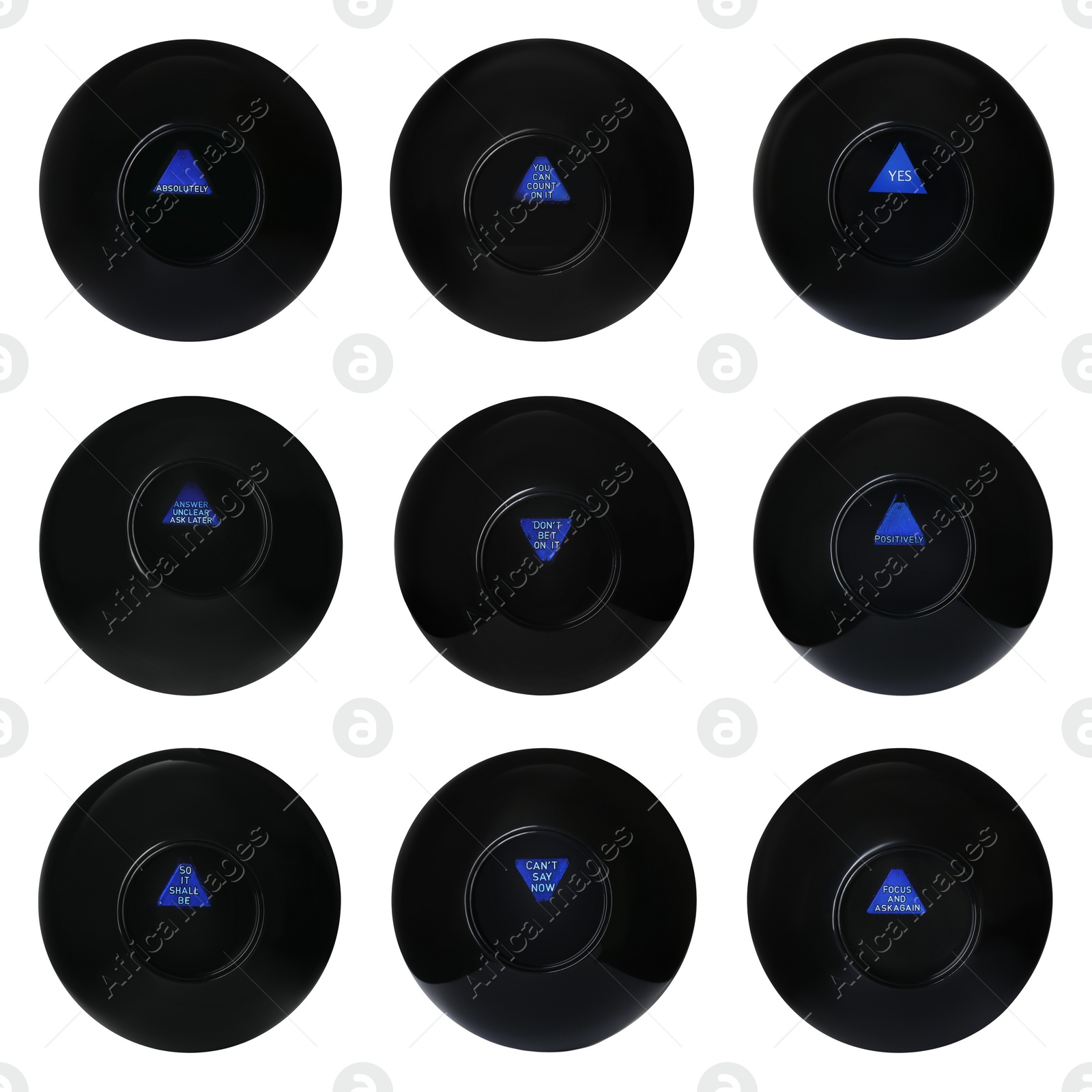 Image of Magic eight ball with different predictions isolated on white, collection