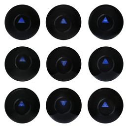 Magic eight ball with different predictions isolated on white, collection