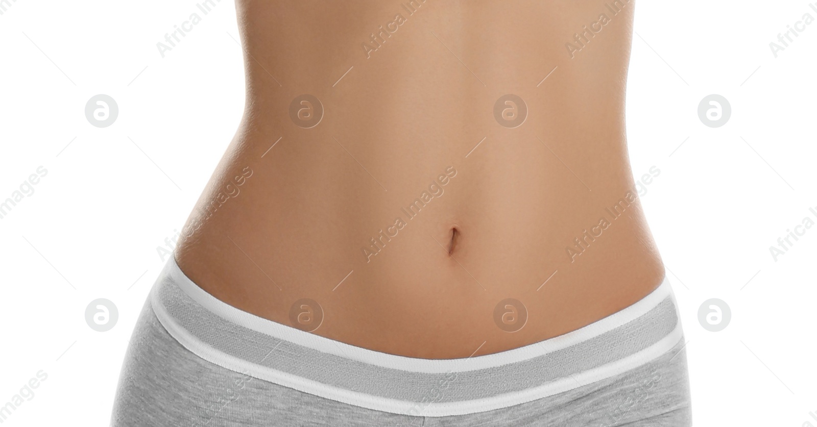 Image of Beautiful young woman with perfect body on white background, closeup