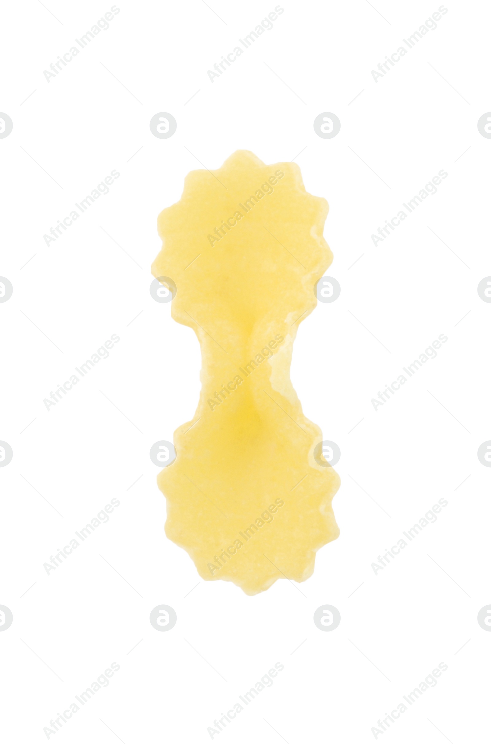 Photo of One piece of raw farfalline pasta isolated on white