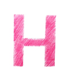 Letter H written with pink pencil on white background, top view