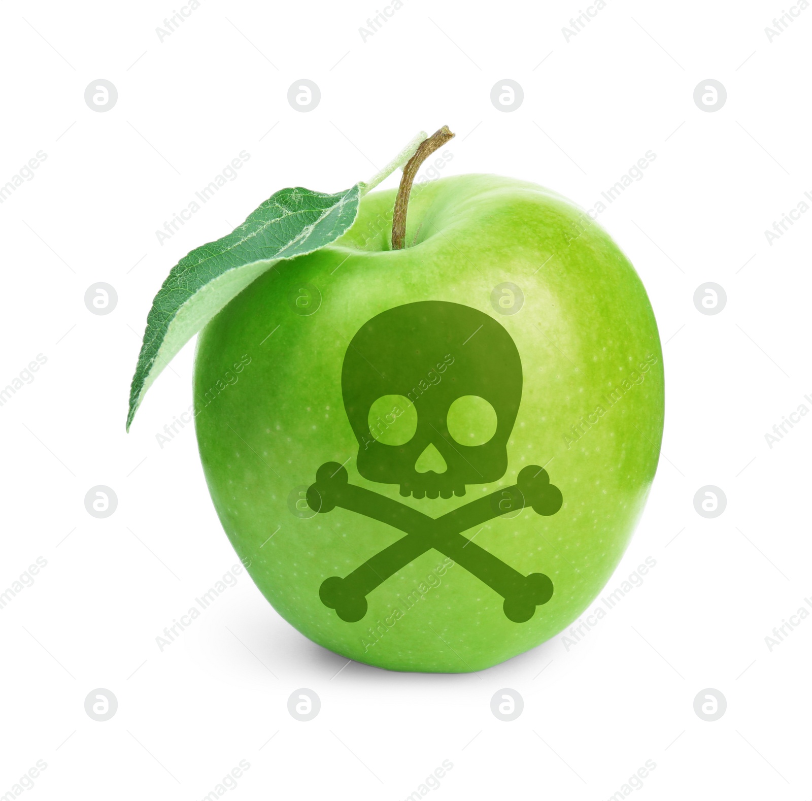 Image of Green poison apple with skull and crossbones image on white background