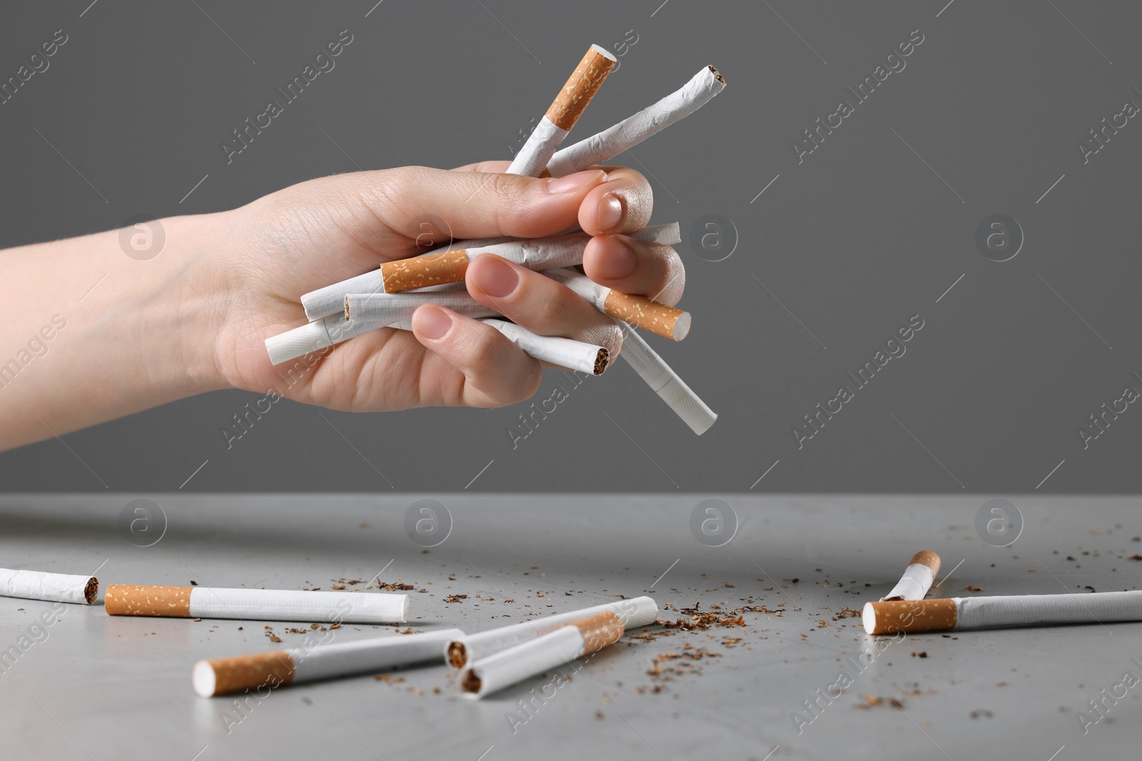 Photo of Stop smoking concept. Woman holding cigarettes above gray table, closeup