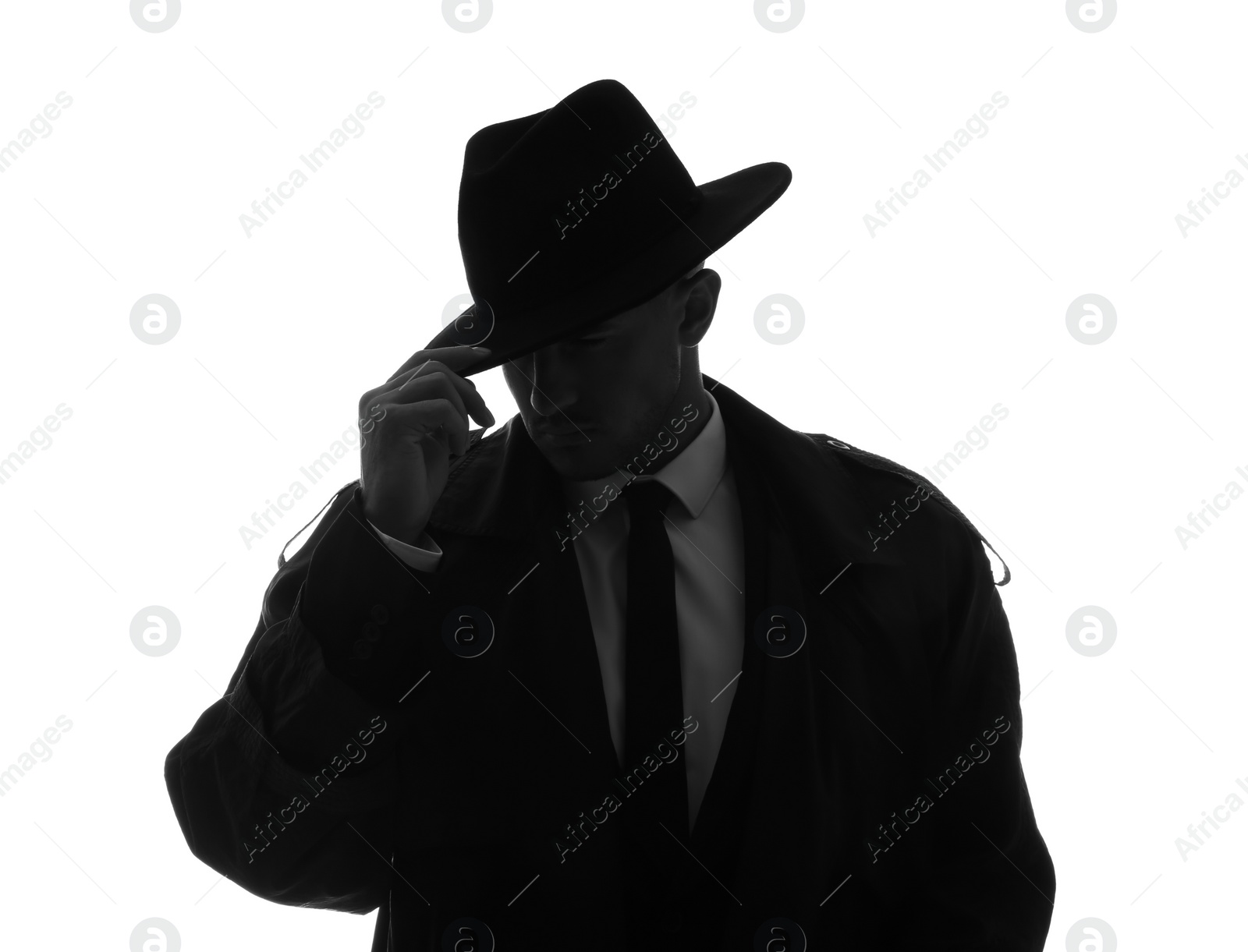 Photo of Old fashioned detective in hat on white background