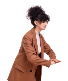 Beautiful young businesswoman posing on white background