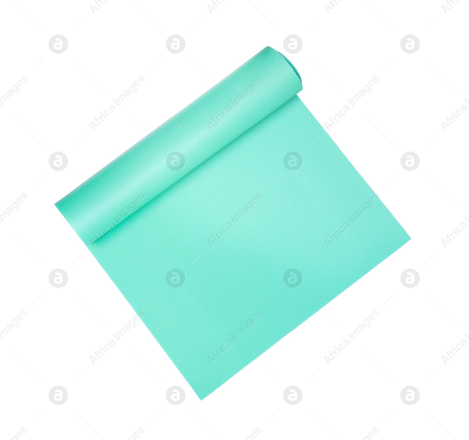 Photo of Turquoise camping mat isolated on white, top view
