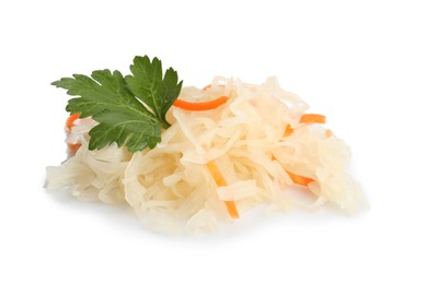 Photo of Tasty fermented cabbage with carrot and parsley on white background