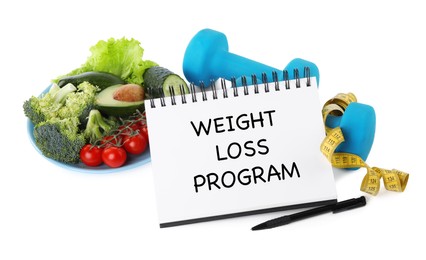 Photo of Notebook with phrase Weight Loss Program, dumbbells, measuring tape and products on white background