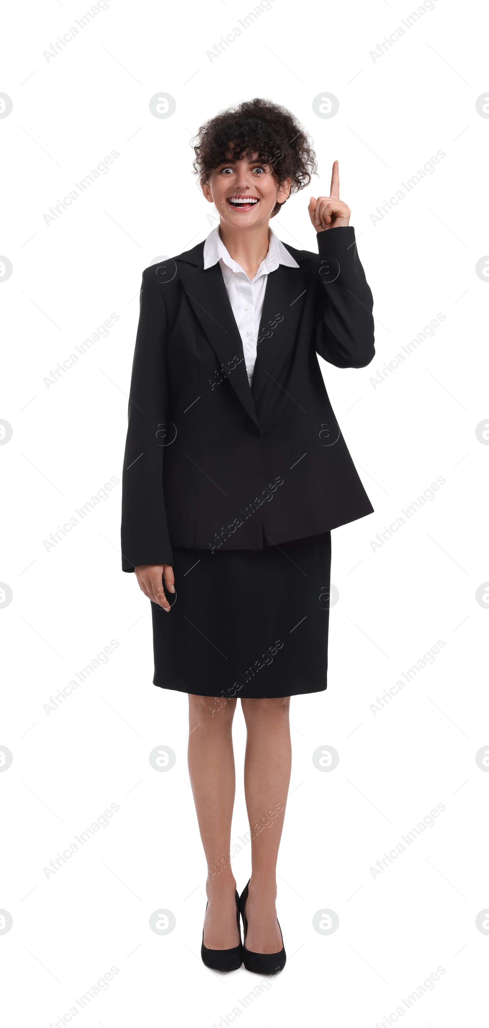Photo of Beautiful emotional businesswoman pointing at something on white background