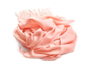 Peach scarf on white background. Autumn clothes