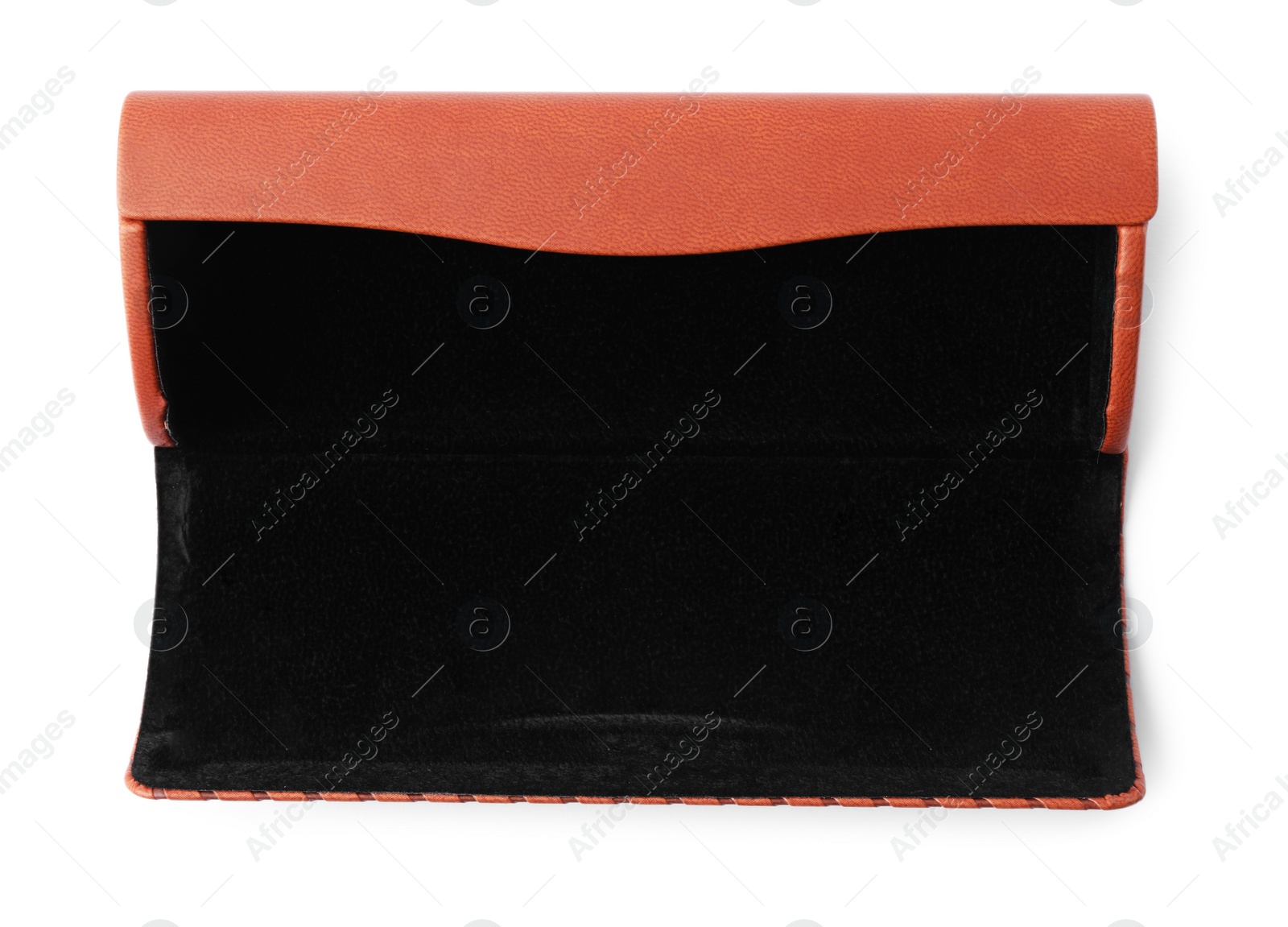 Photo of Open brown leather glasses case isolated on white
