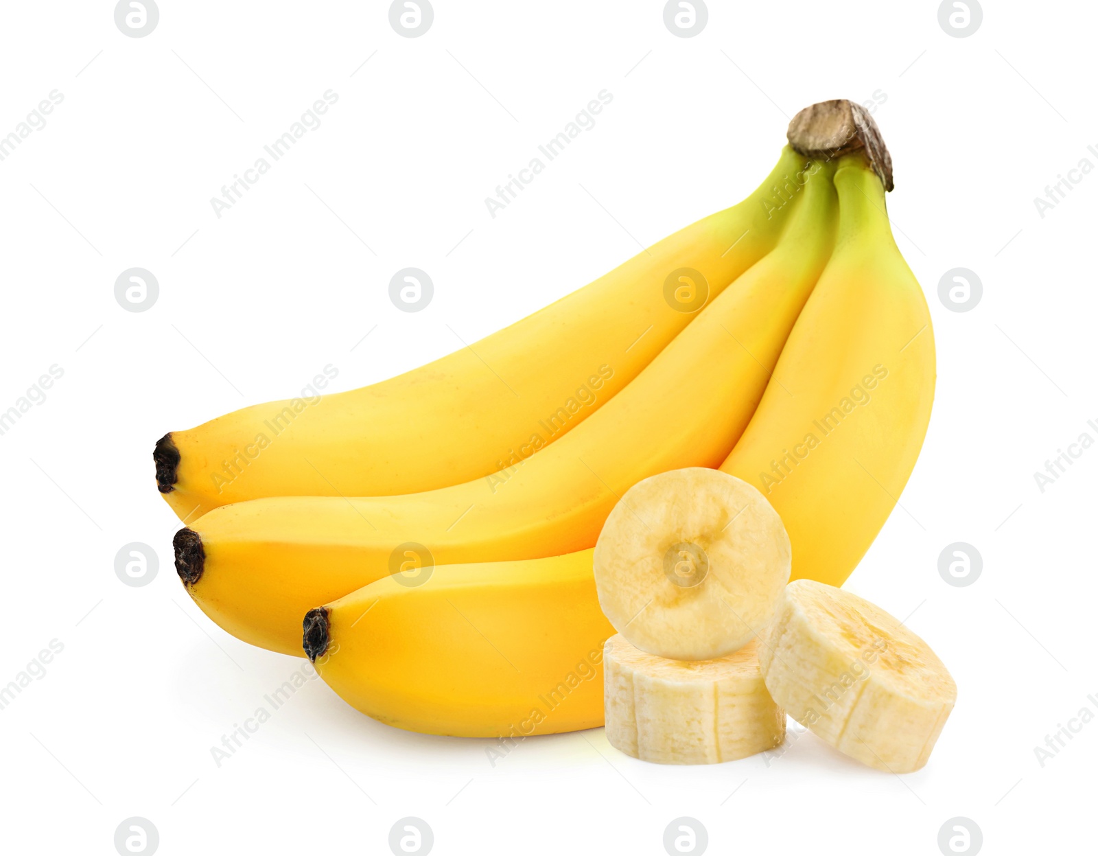 Image of Delicious ripe bananas and pieces on white background