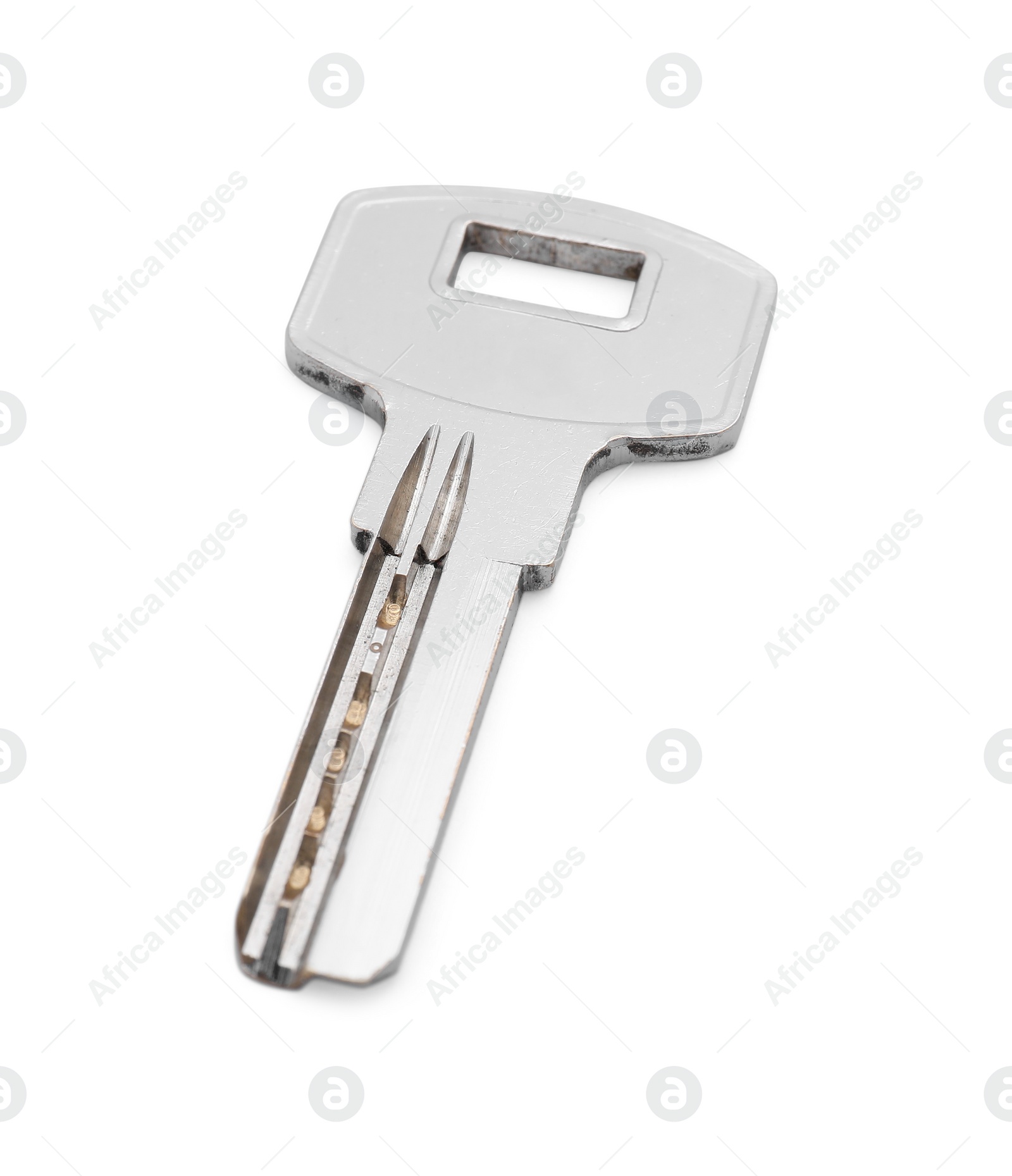 Photo of One metal door key isolated on white