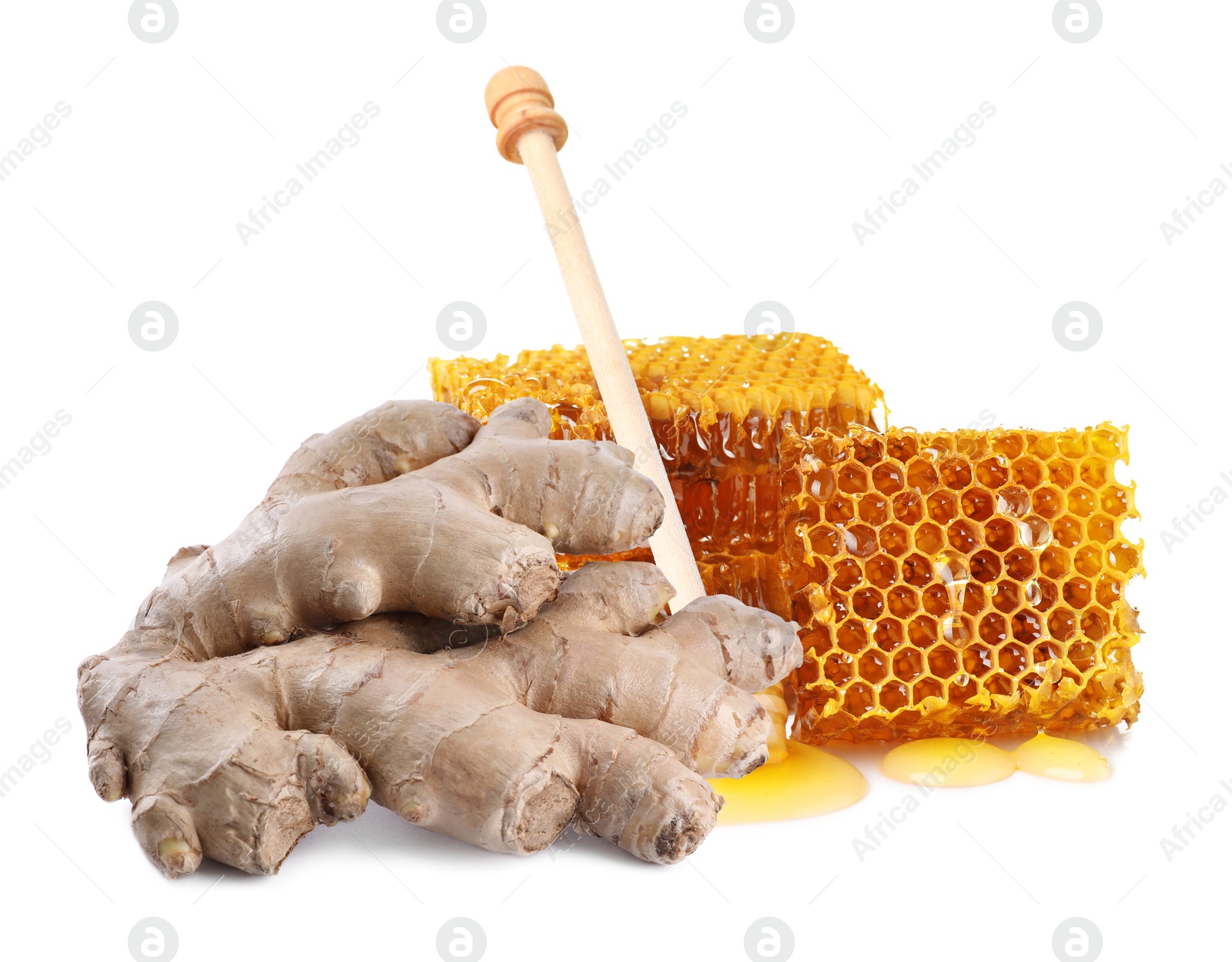 Image of Ginger root and honeycombs on white background