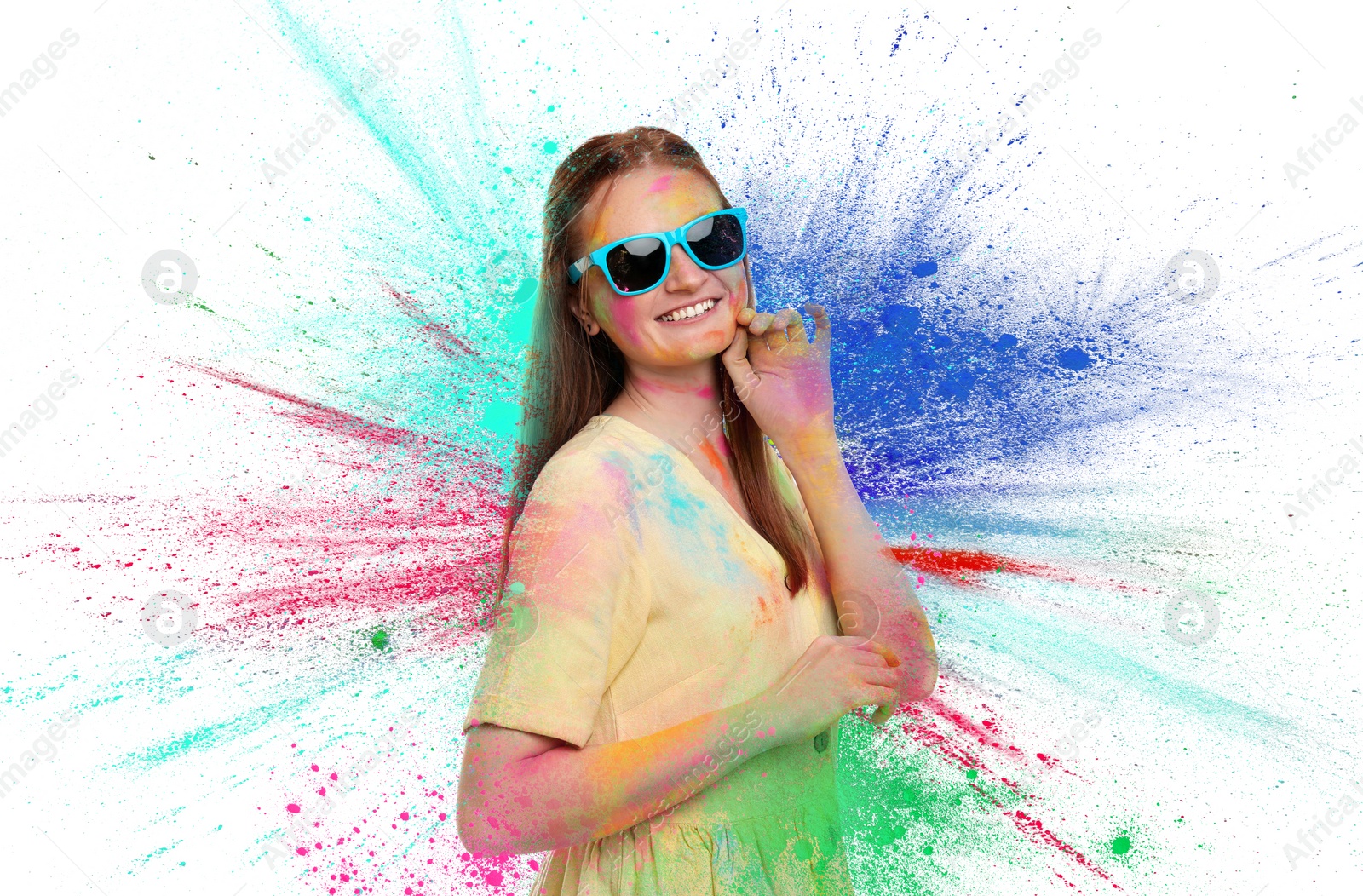 Image of Holi festival celebration. Happy woman covered with colorful powder dyes on white background