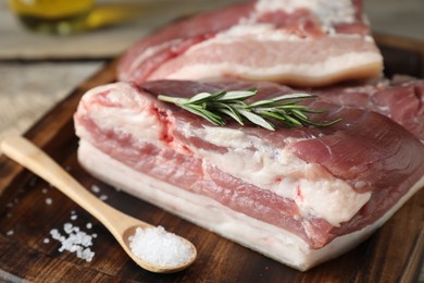 Piece of raw pork belly, salt and rosemary on wooden board, closeup