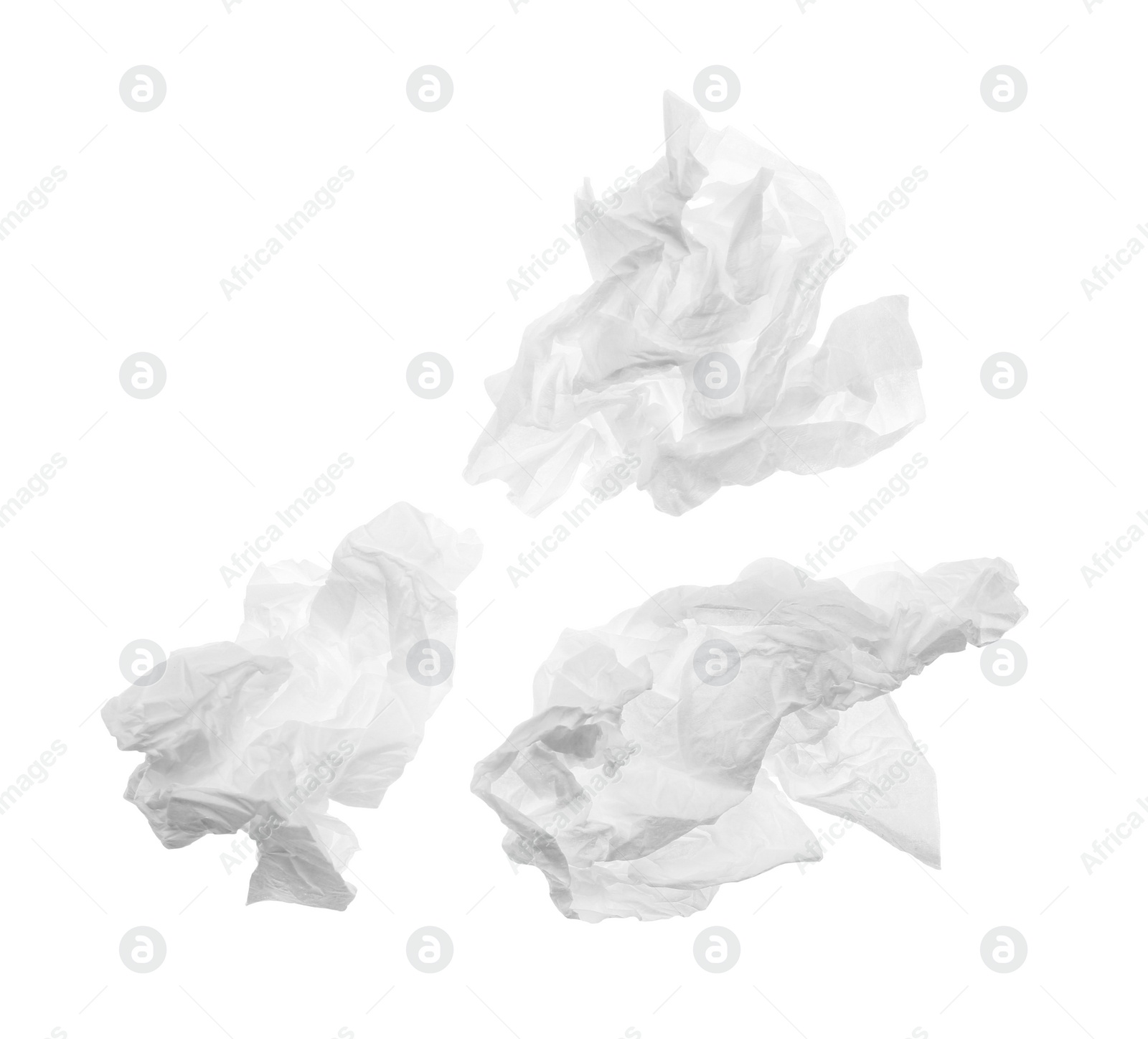 Photo of Used crumpled paper tissues isolated on white, top view