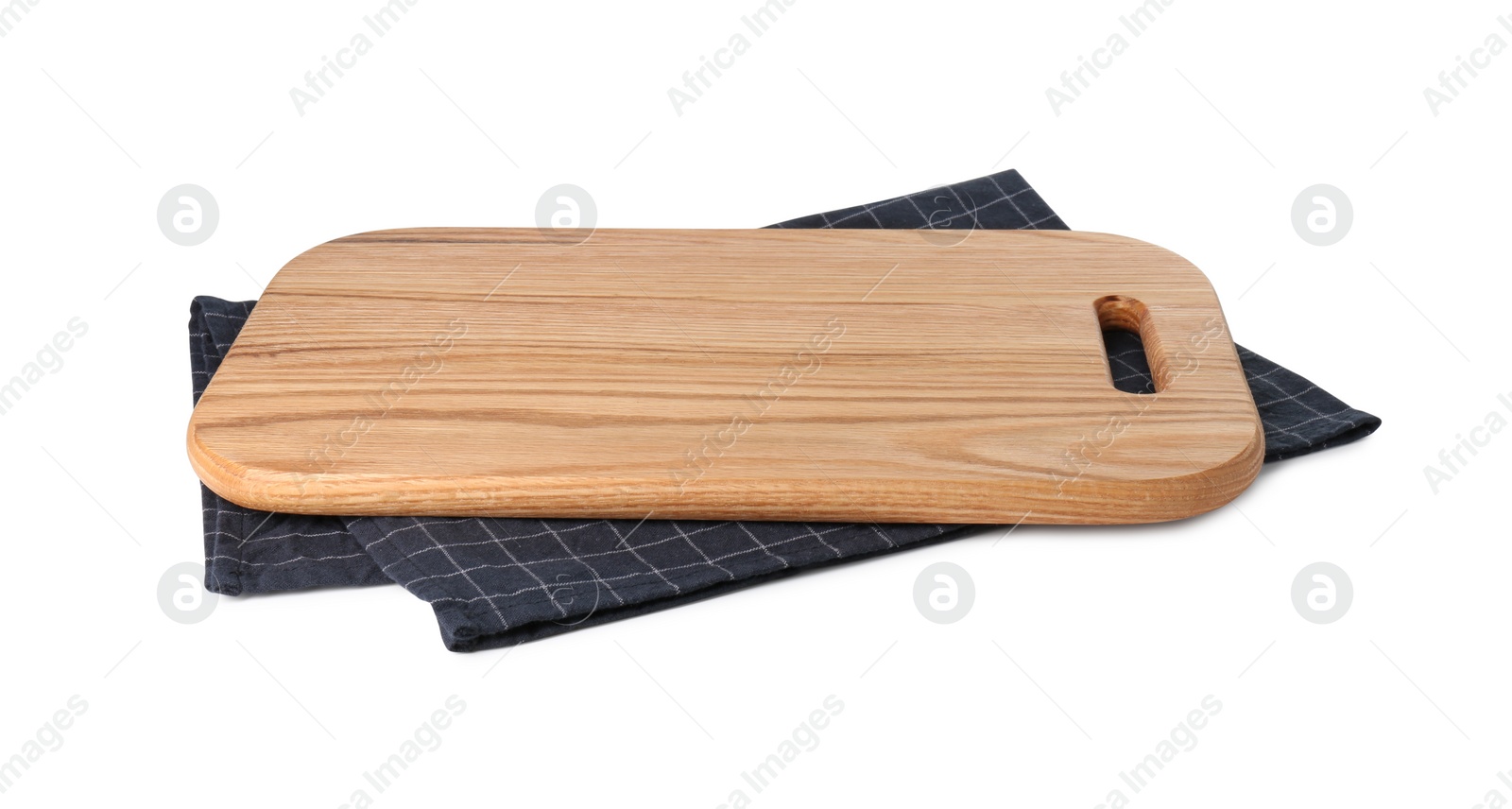 Photo of Wooden cutting board and checkered towel isolated on white