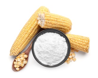 Photo of Bowl with corn starch, ripe cobs and kernels isolated on white, top view