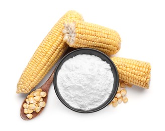 Bowl with corn starch, ripe cobs and kernels isolated on white, top view