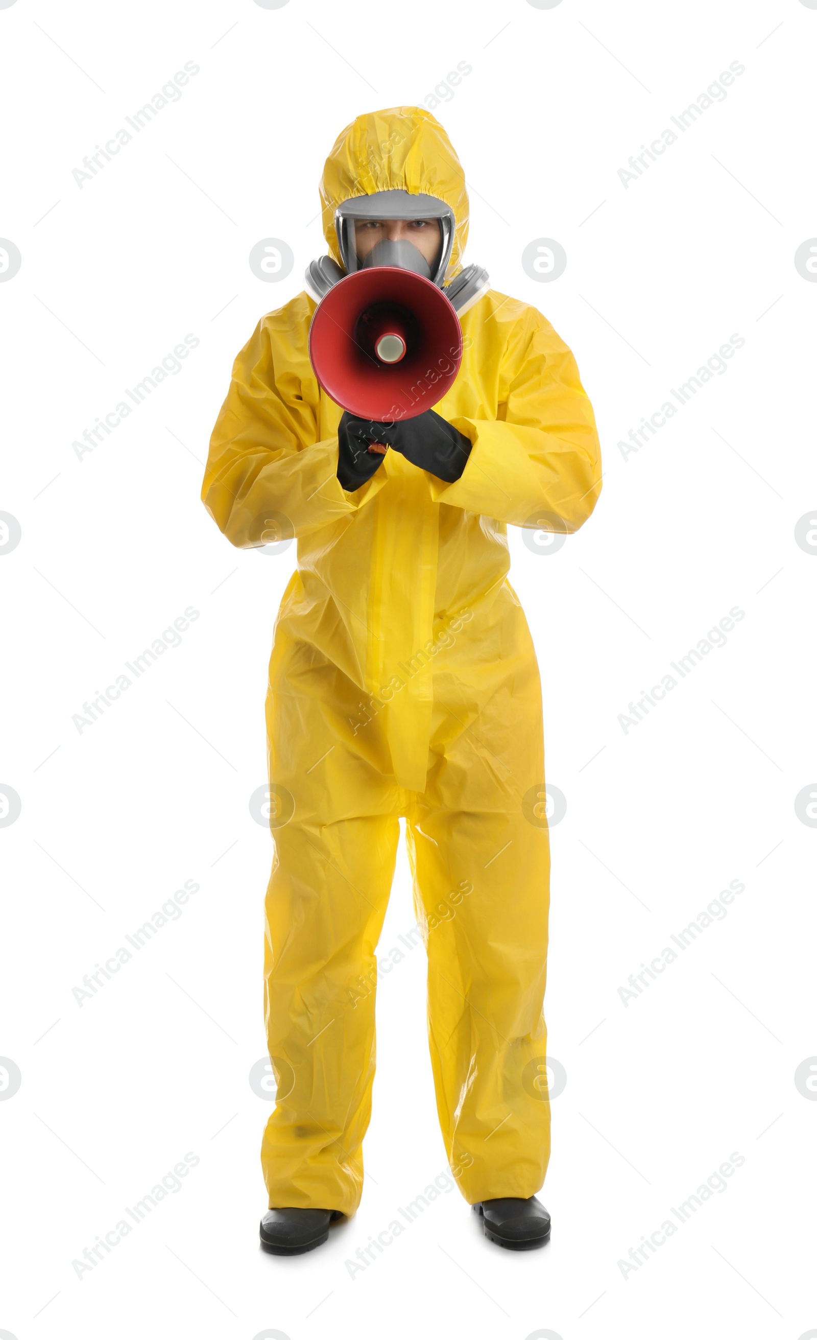 Photo of Man wearing chemical protective suit with megaphone on white background. Prevention of virus spread