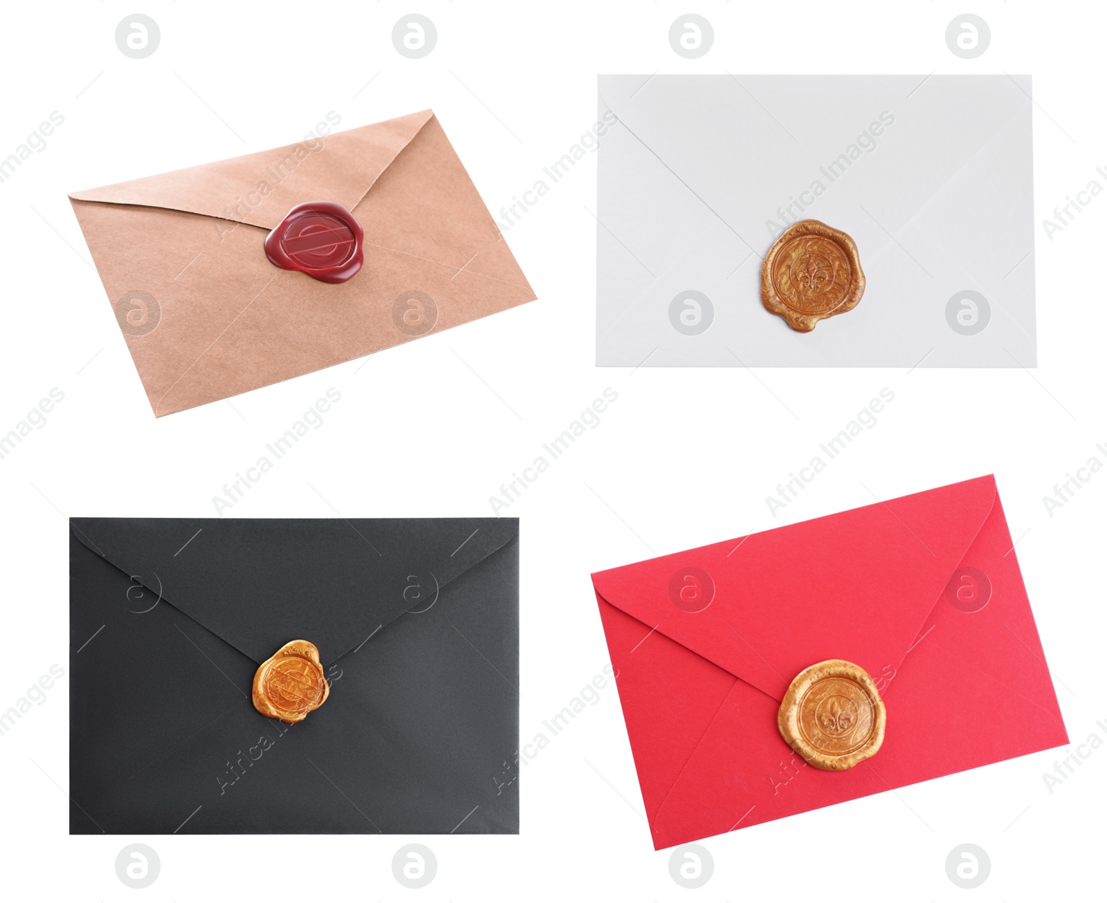 Image of Different envelopes with wax seals on white background, collage 