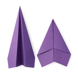 Handmade purple paper planes isolated on white, top view
