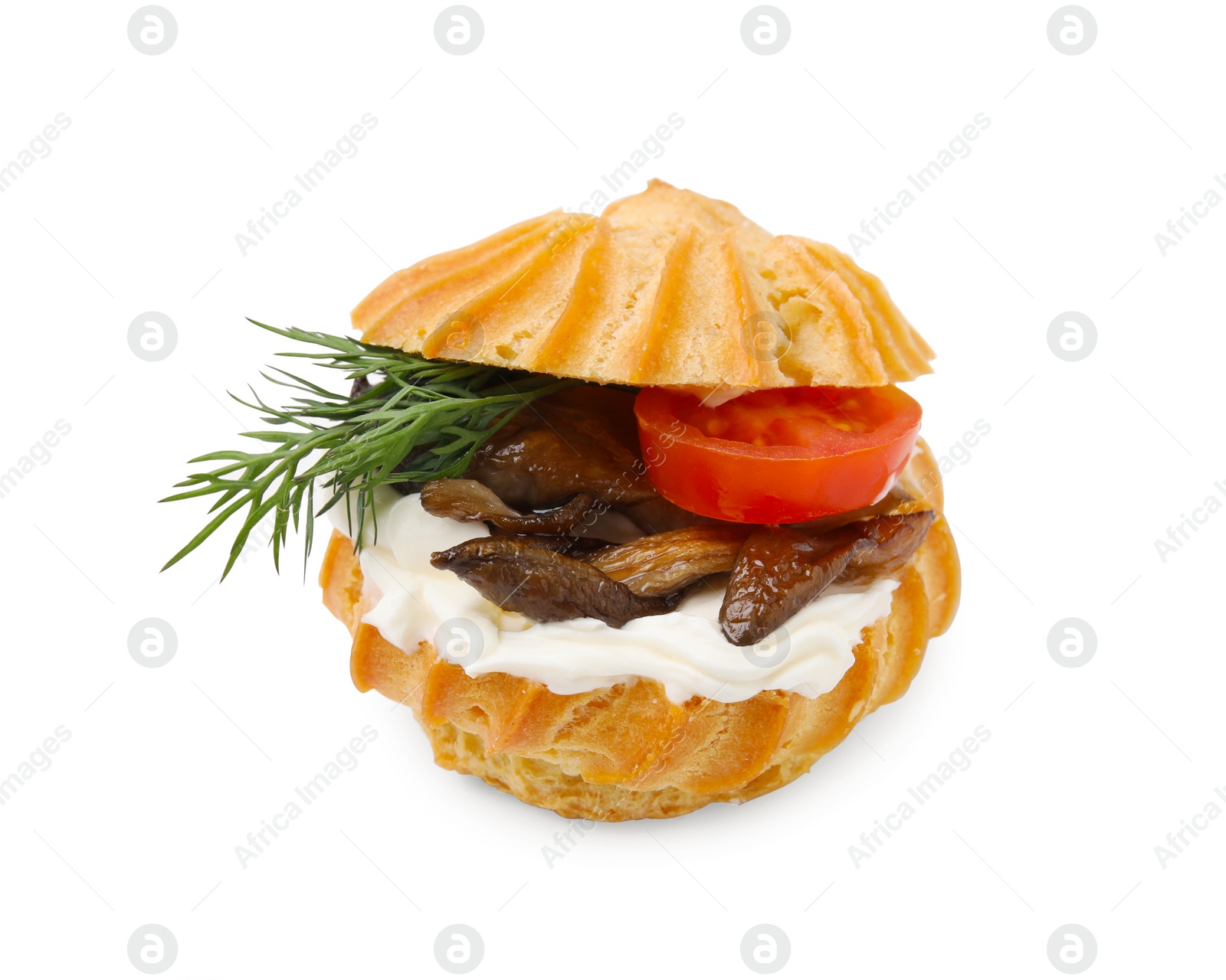 Photo of Delicious profiterole with cream cheese, mushrooms, tomato and dill on white background