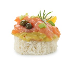 Photo of Tasty canape with salmon, tomatoes, capers and herbs isolated on white