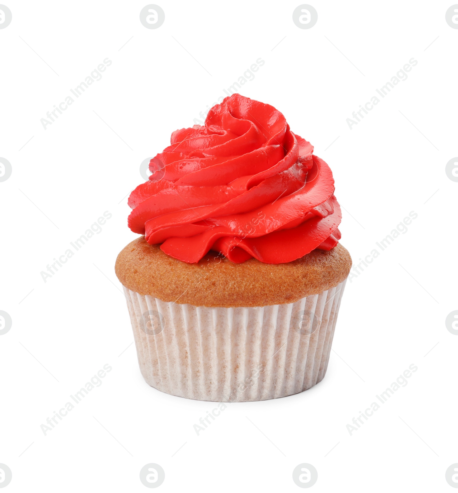 Photo of Delicious cupcake with red cream isolated on white