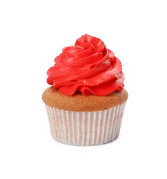 Photo of Delicious cupcake with red cream isolated on white