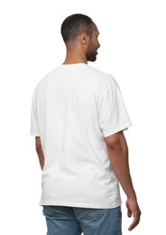 Photo of Man wearing t-shirt on white background, back view