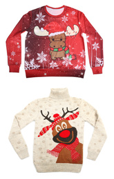 Image of Two warm Christmas sweaters on white background