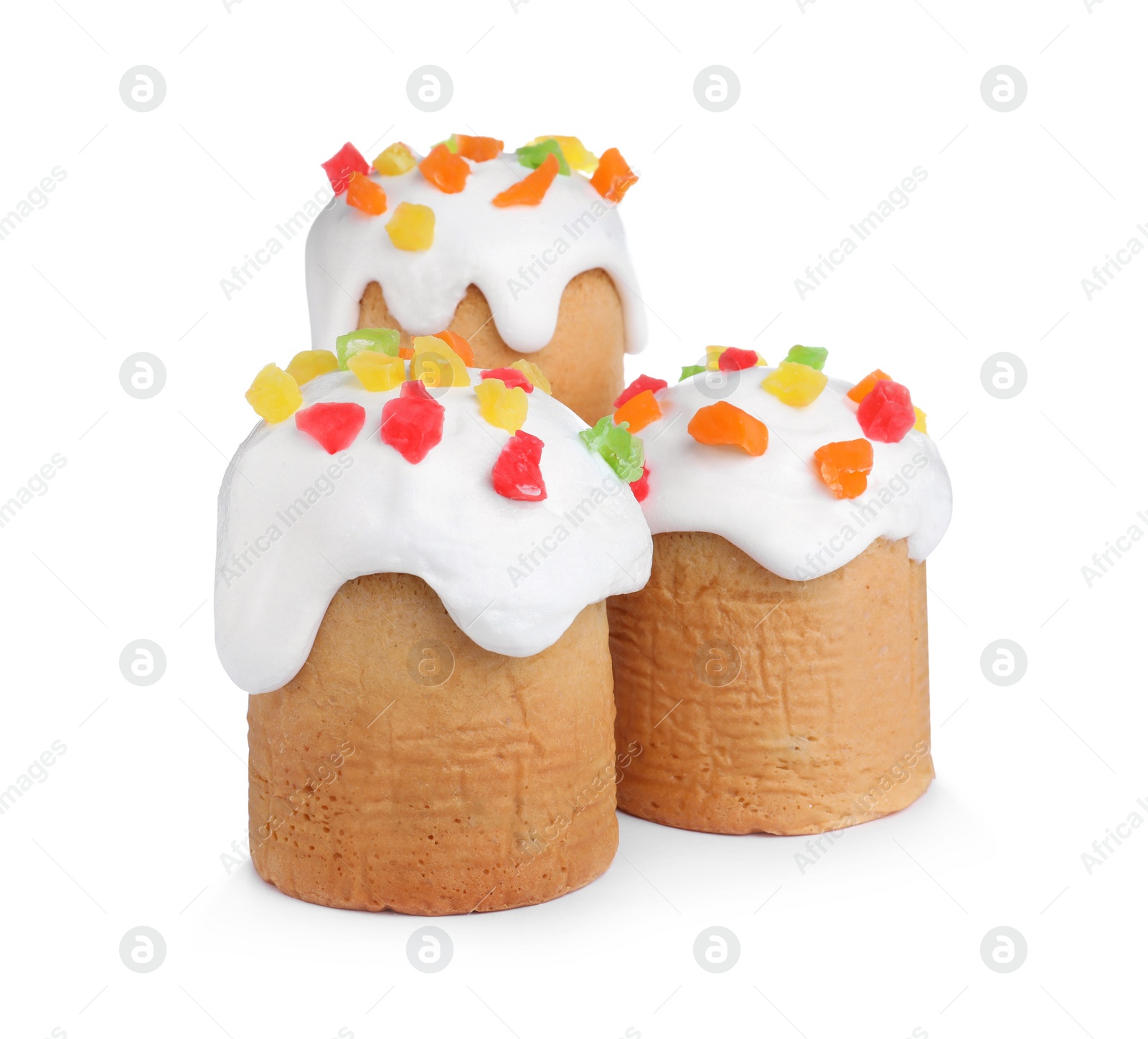 Photo of Traditional decorated Easter cakes on white background