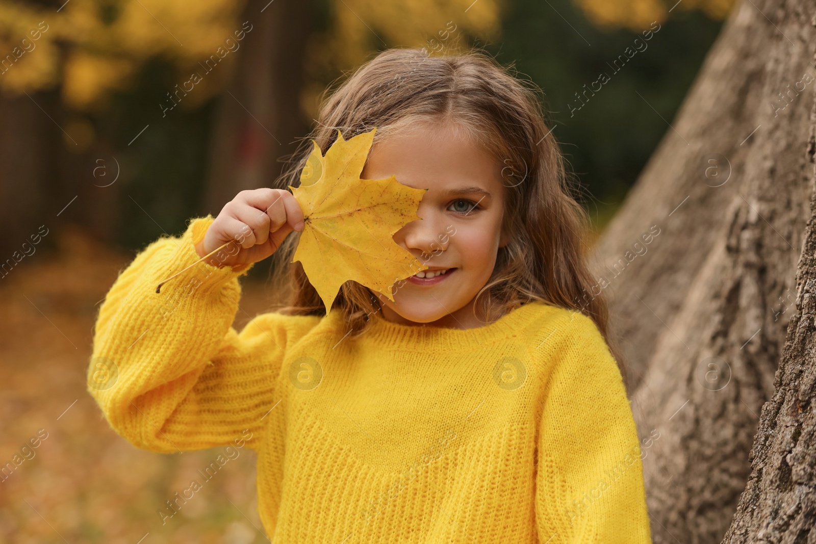 Photo of Portrait of cute girl covering face with dry leaf in autumn park