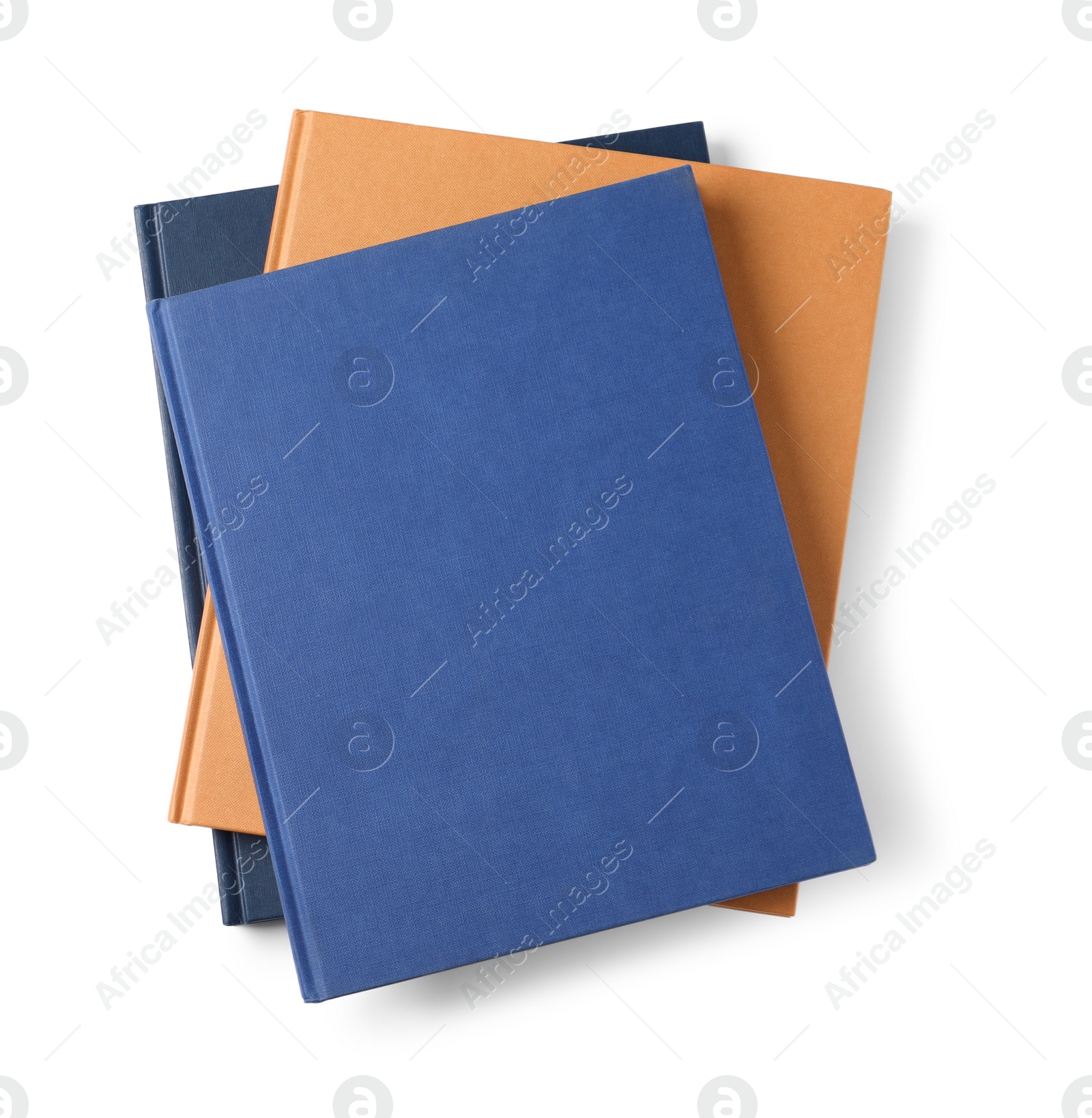 Photo of Hardcover books isolated on white, top view