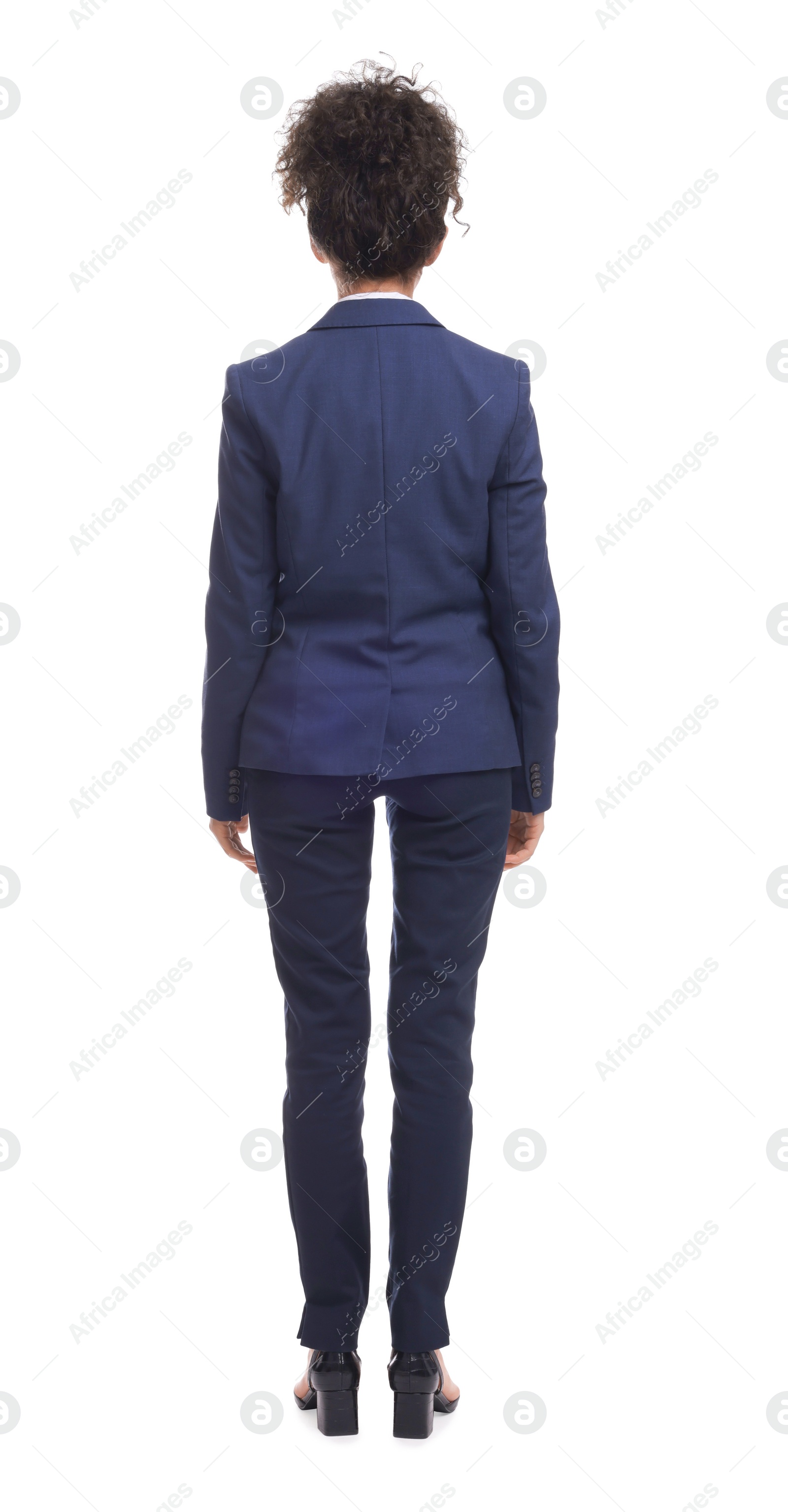 Photo of Businesswoman in suit on white background, back view