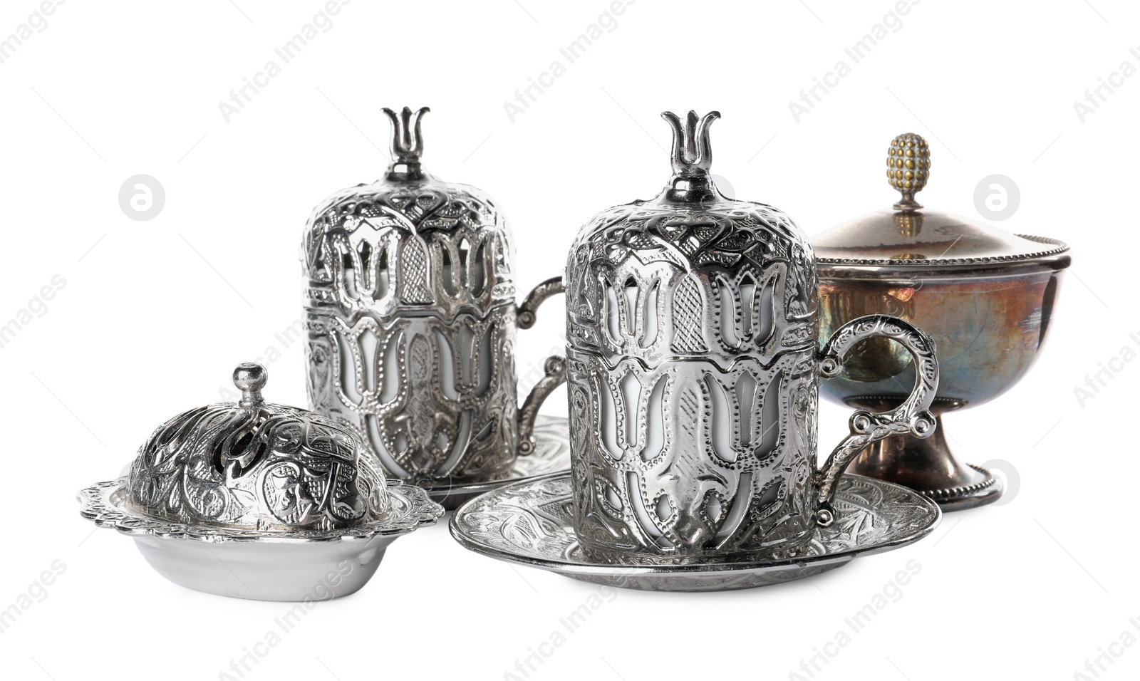 Photo of Beautiful vintage tea set on white background