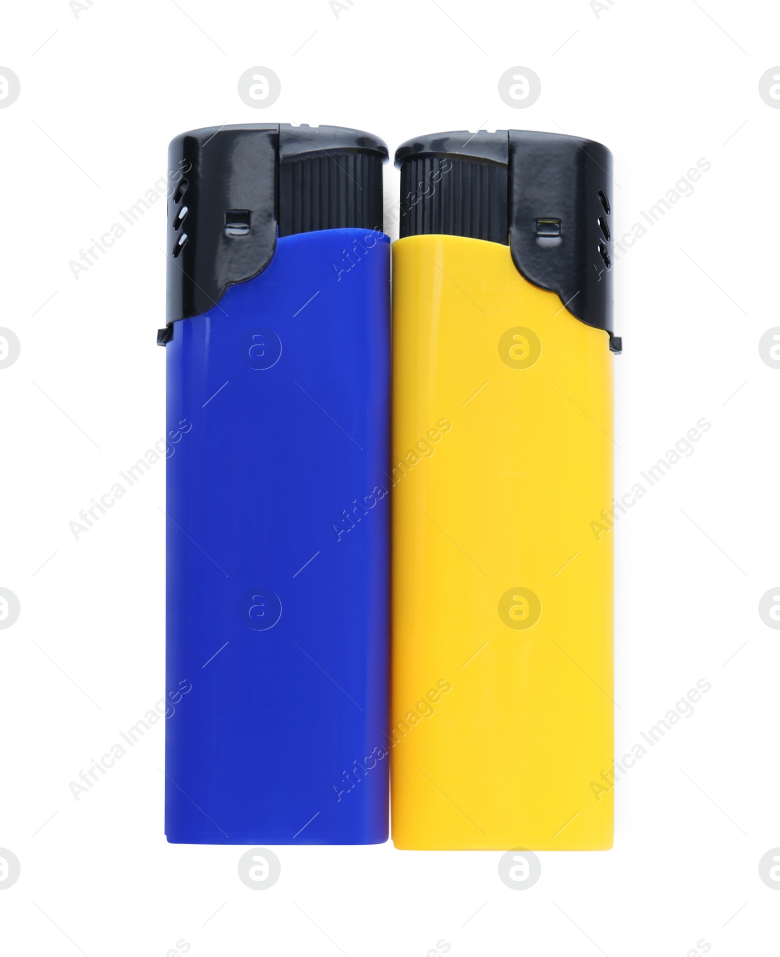 Photo of Stylish small pocket lighters on white background, top view