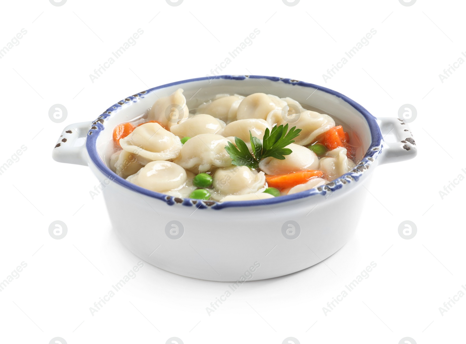 Photo of Bowl of tasty dumplings in broth isolated on white