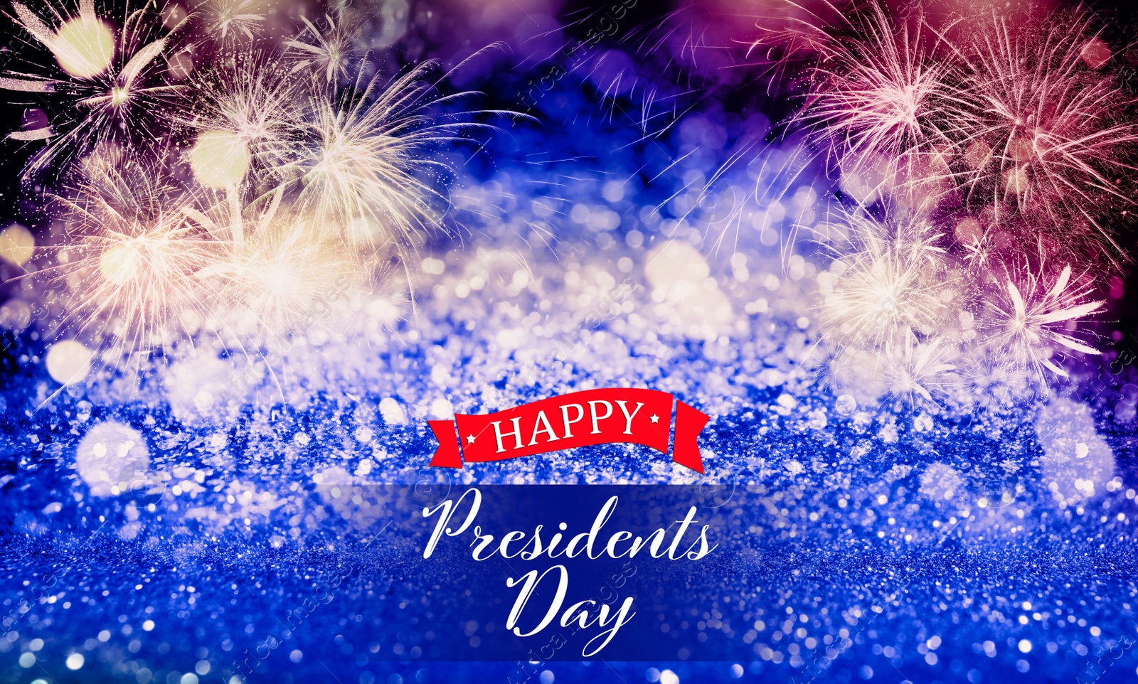 Image of Happy President's Day - federal holiday. Festive background with fireworks and glitters, bokeh effect