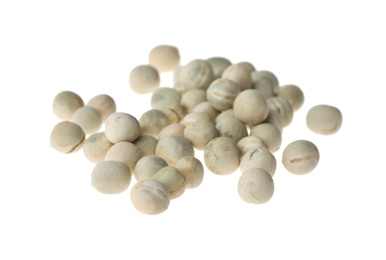 Pile of raw dry peas on white background. Vegetable seeds